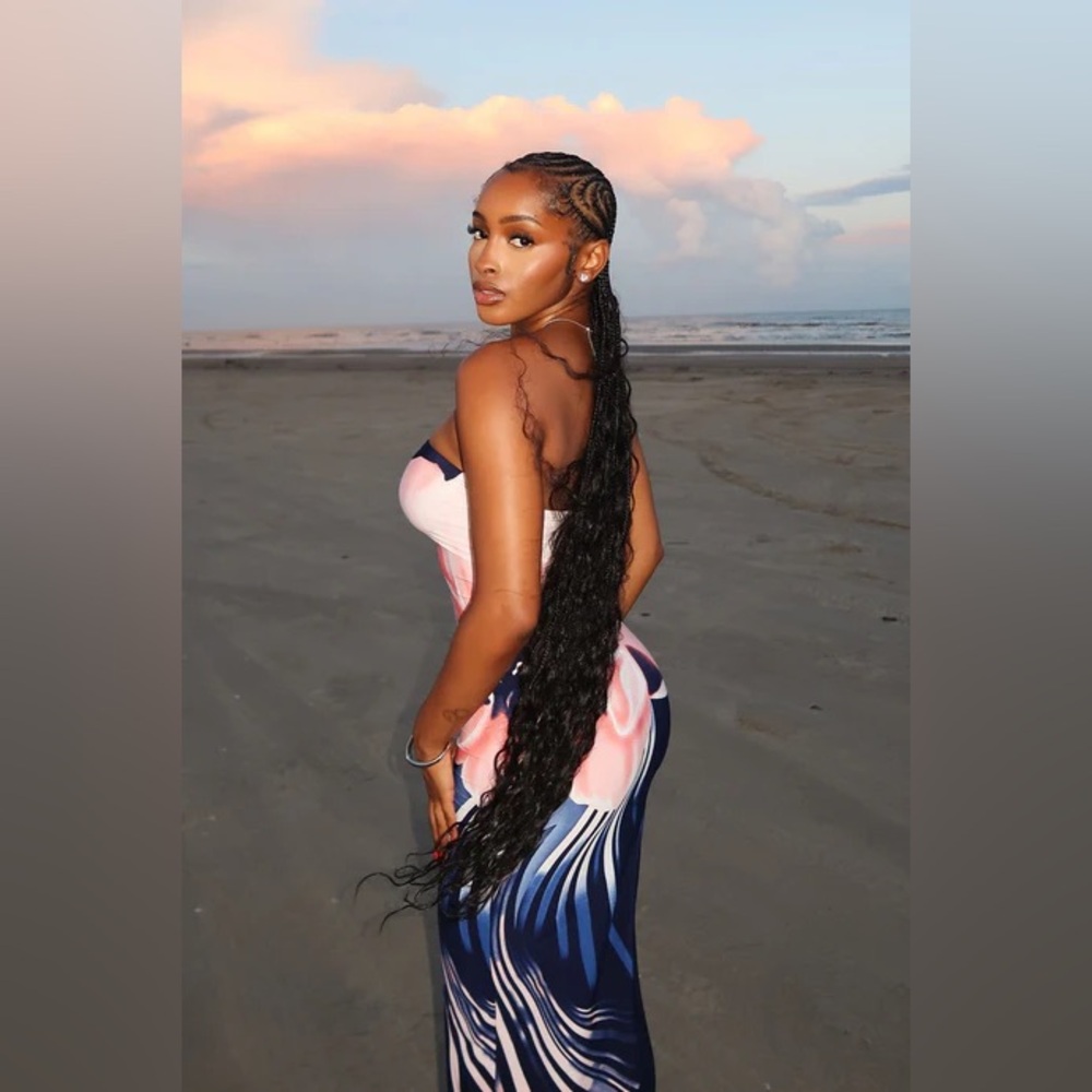 Fashion nova Sarah Floral Maxi Dress Navy pink flower print strapless XS *